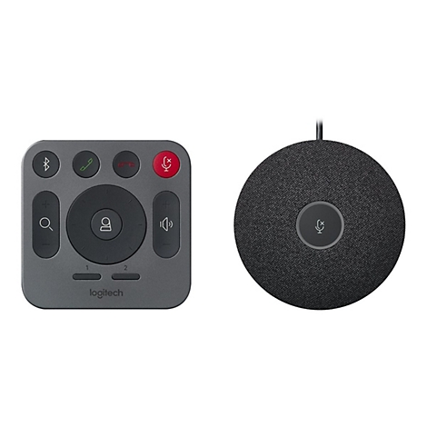 Graues Logitech-Konferenzsystem mit Fernbedienung und rundem Mikrofon. Auf der Fernbedienung sind Symbole für Bluetooth, Anruf, Stummschaltung und Lautstärke.