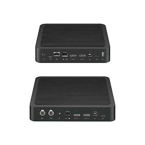 Zwei schwarze, quaderförmige Geräte mit zahlreichen Anschlüssen, oben und unten betrachtet. Beschriftungen: HDMI IN 1, 2, HDMI OUT 1, 2. Geriffelte Oberflächen.
