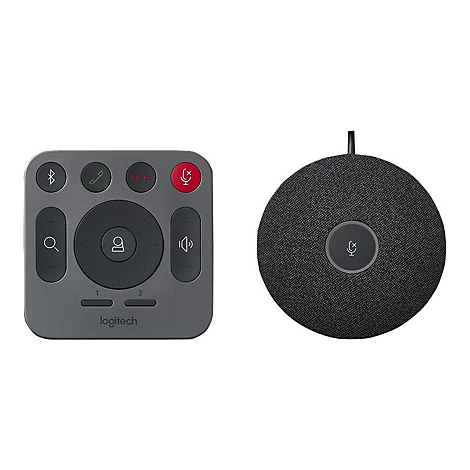 Grauer Logitech-Controller und schwarzer, runder Lautsprecher mit Mikrofon. Auf dem Controller befinden sich Knöpfe: Bluetooth, Anruf annehmen, Auflegen, Mikrofon stumm schalten, Lautstärke.