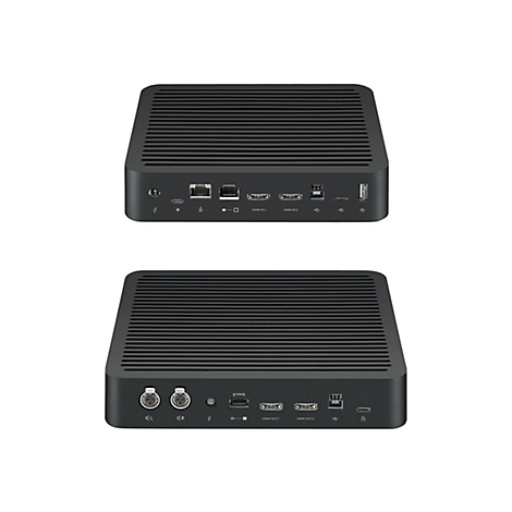 Zwei schwarze, geriffelte Kästen mit Anschlüssen, beschriftet mit HDMI In/Out und weiteren Symbolen.