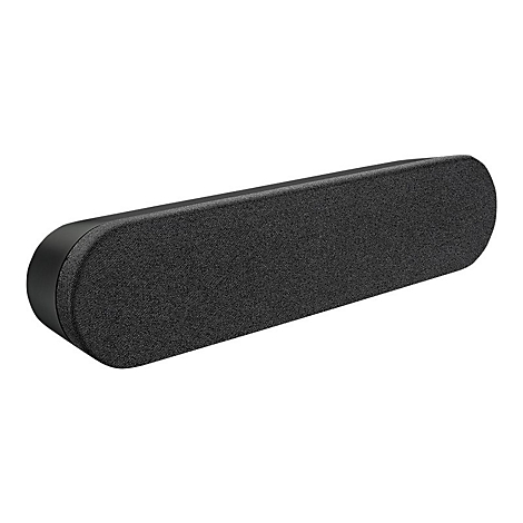 Schwarze Soundbar mit stoffbezogener Oberfläche. Ovale Form, dunkler Rand.