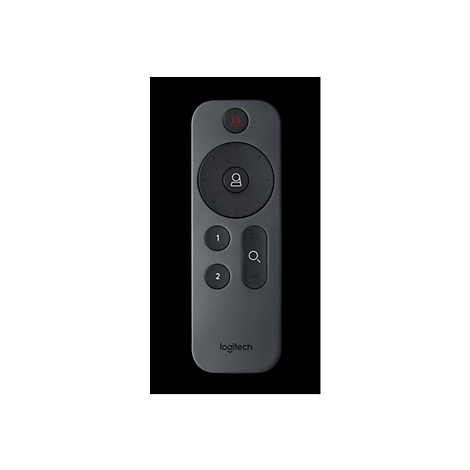 Grauer Logitech-Fernbedienung vor schwarzem Hintergrund. Oben ein roter Knopf, darunter ein groÃŸer runder Knopf, und zwei kleinere KnÃ¶pfe.
