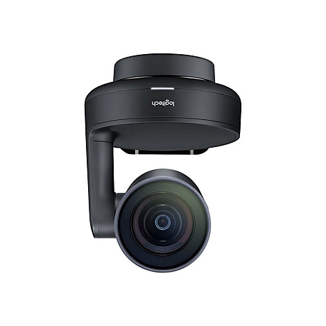 Schwarze Logitech-Webcam, die nach unten zeigt. Die Linse ist im Fokus.