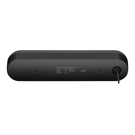 Schwarzer Lautsprecher mit grauem Stoffbezug. Auf der Rückseite sind Logos und Anschlüsse zu sehen.