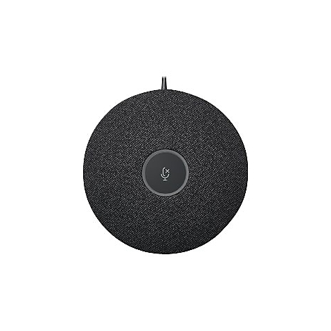 Haut-parleur de conférence rond et noir avec symbole de microphone. Un câble monte.