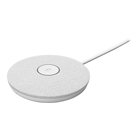 Ein weißes, rundes Konferenzmikrofon mit Stoffbezug, Kabel und Mikrofon-Symbol.