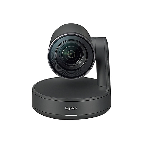 Schwarze Logitech Videokonferenzkamera. Auf weißem Hintergrund. Das Objektiv ist im Fokus, das Logo ist sichtbar.