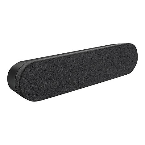 Lange, ovale schwarze Soundbar vor weißem Hintergrund. Die Oberseite ist mit Stoff bezogen, die Enden sind abgerundet.