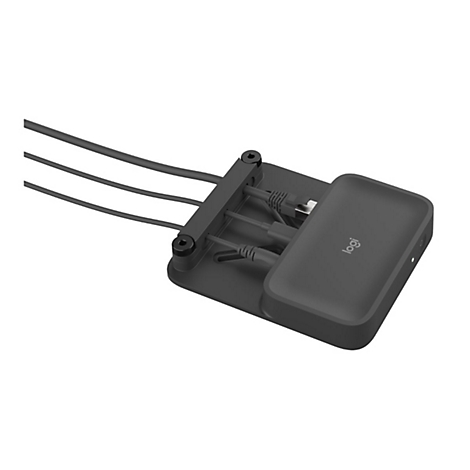 Hub Logitech gris foncé avec câbles et connecteurs. Le logo Logitech est visible sur l'appareil.