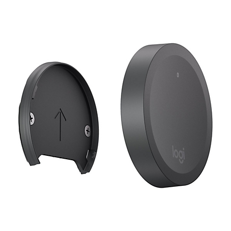 Appareil Logitech gris avec un support amovible. Des vis et une flèche sont visibles sur le support. Le logo Logitech est visible sur l'appareil.
