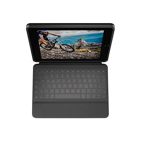 Schwarzes Tablet mit Tastatur. Auf dem Bildschirm ist ein Mountainbiker zu sehen. Das Tablet ist geöffnet.