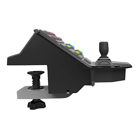 Panneau de commande noir avec joystick, boutons et support de montage. Couleurs: gris, noir, vert, jaune, rose et bleu.