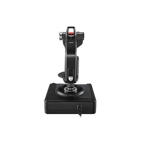 Schwarzer Joystick, mit roten und silbernen Akzenten, vor weißem Hintergrund.