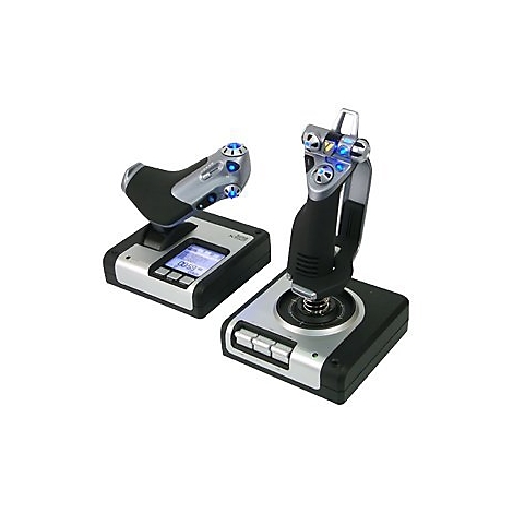 Zwei moderne Joysticks mit schwarzen Griffen, silbernen Akzenten und blauen Lichtern. Ein Joystick hat ein Display.