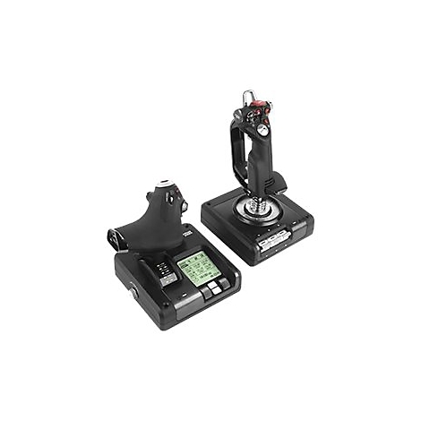 Zwei schwarze Joysticks. Einer mit Display und Knöpfen, der andere mit Handgriff und rotem Knopf.