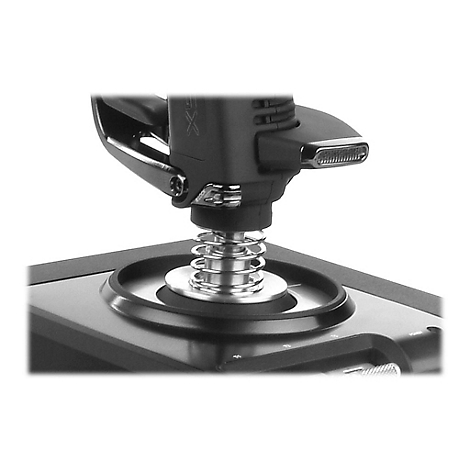 Detailaufnahme eines schwarzen Joysticks mit Metallfederung, USB-C-Anschluss und silbernen Akzenten.