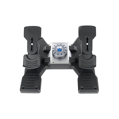 Ensemble de pédales d'avion noires, au centre un panneau de commande argenté avec un bouton bleu.