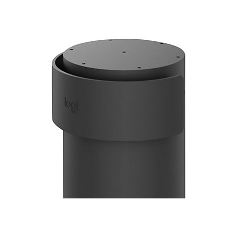 Colonne cylindrique gris foncé avec logo Logi. Dessus avec des trous, entouré d'une bande incurvée.