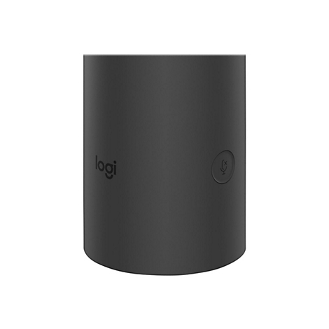 Haut-parleur Logitech cylindrique gris foncé avec logo Logitech et bouton micro.