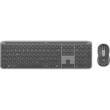 Top view of wireless keyboard and mouse, dark grey. Keyboard with keys, mouse with logo.