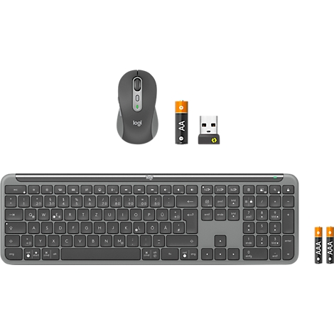Wireless keyboard and mouse set, plus batteries and a USB receiver. The gray keyboard is rectangular. The mouse is also gray.