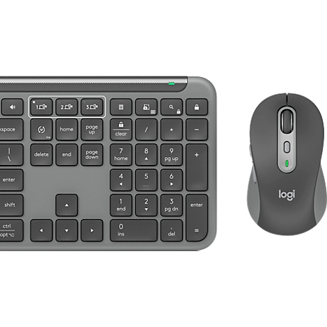 Grey keyboard and mouse. The keyboard has a numeric keypad. The mouse says 'logi'.