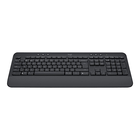 Dunkelgraue Tastatur mit Handauflage, Buchstaben- und Zifferntasten. Logi-Logo rechts oben.