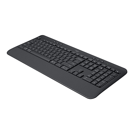 Dunkelgraue Computertastatur auf weiÃŸem Hintergrund.
