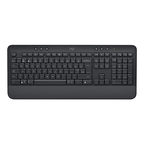 Dunkelgraue Tastatur mit Tasten, oben Logo von logi.