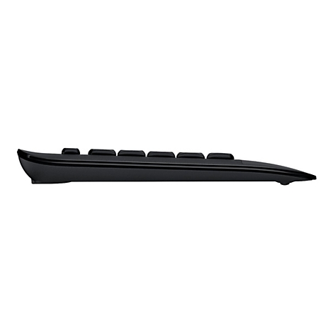 Schwarzes, flaches Keyboard von der Seite, mit erhöhten Tasten.