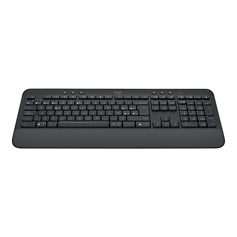 Dunkelgraue Logitech-Tastatur mit Standardlayout. Das Logo ist oben rechts platziert.