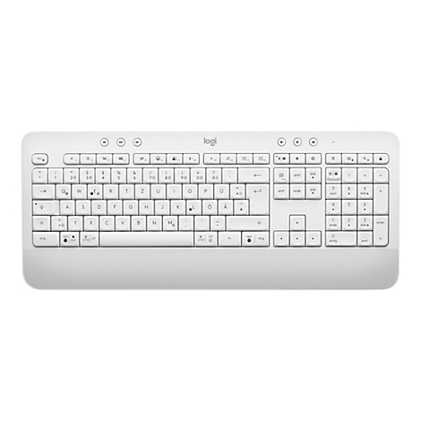 Weisse Tastatur mit Tasten und Logo. Die Tastatur ist flach und hat eine rechteckige Form.