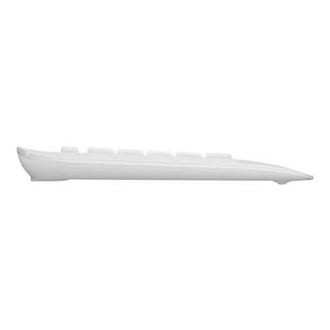 Seitliche Ansicht einer weiÃŸen, flachen Tastatur. Die Tasten sind leicht erhÃ¶ht.