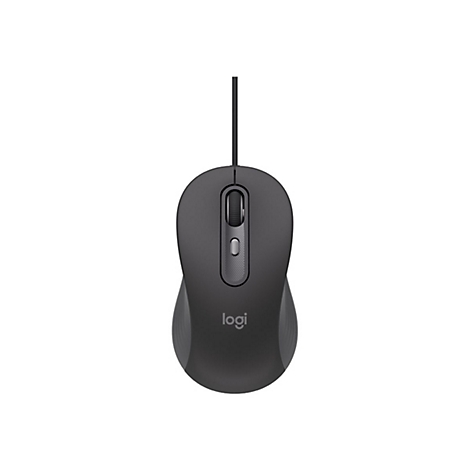 Drahtlose, dunkelgraue Maus, Marke Logitech, mit Scrollrad und Logo auf weißem Hintergrund.