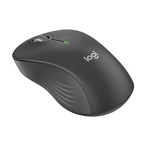 Dunkelgraue, ergonomische kabellose Logi-Maus mit SmartWheel auf weißem Hintergrund.