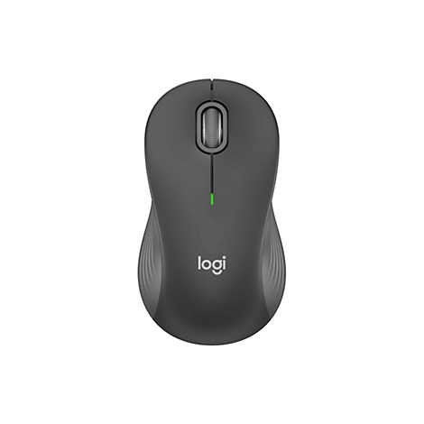 Dunkelgraue Logitech Computermaus in der Draufsicht vor weißem Hintergrund mit leuchtend grüner Status-LED.