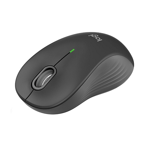 Dunkelgraue Logitech Funkmaus mit SmartWheel-Scrollrad und grüner Status-LED vor weißem Hintergrund.