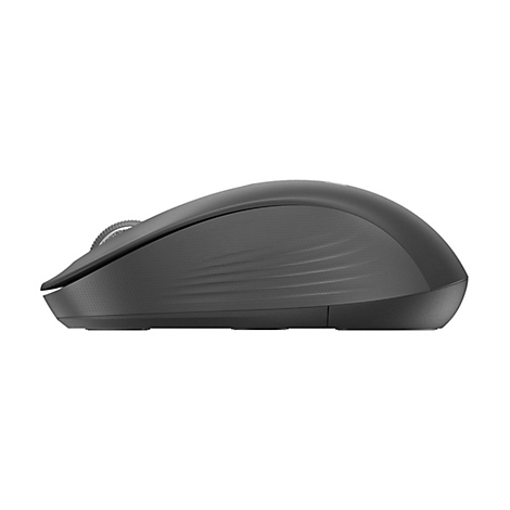 Seitliche Ansicht einer grauen, ergonomischen Computermaus mit strukturiertem Griffbereich vor weißem Hintergrund.