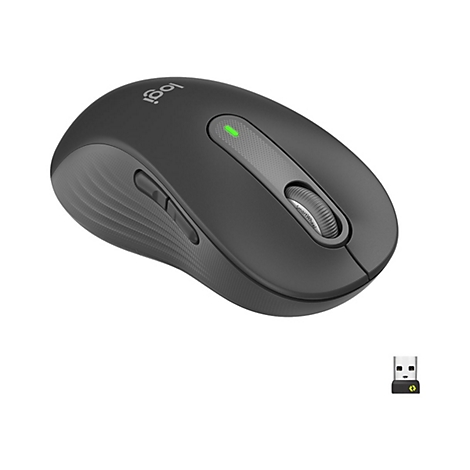 Souris d'ordinateur noire Logitech, avec une molette de dÃ©filement, un logo et un rÃ©cepteur USB.