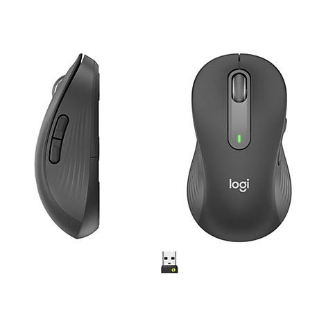 Vue de dessus et vue de cÃ´tÃ© d'une souris grise. En dessous, un rÃ©cepteur USB. 'logi' est imprimÃ© sur la souris.