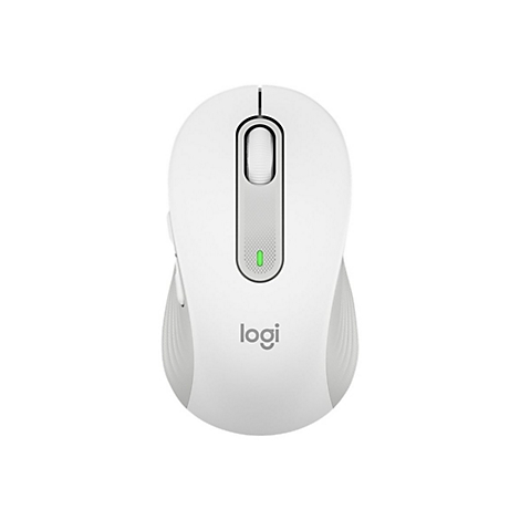 Draufsicht auf eine weiße Logitech-Maus mit grauem Scrollrad und Logo.