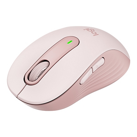 Souris sans fil rose et blanche. Molette, boutons latÃ©raux et logo Logi reconnaissables. LED verte.