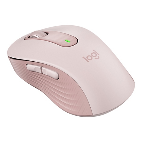 Souris d'ordinateur sans fil rose et beige. Le logo logi est sur le dessus.