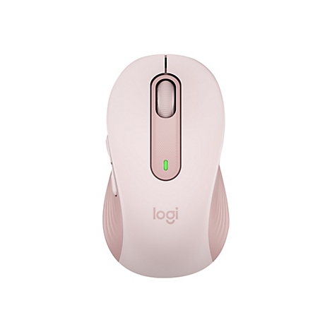 Souris sans fil rose et beige. Il y a une molette de dÃ©filement sur le dessus et une LED verte.