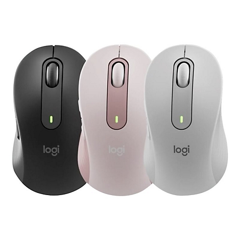 Trois souris sans fil : noire, rose et blanche. Chaque souris a une molette de dÃ©filement, une LED verte et le logo logi.