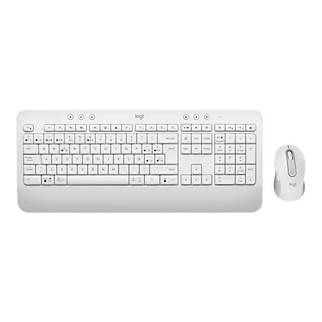 Eine weiße Logitech Tastatur und Maus-Kombination, die auf weißem Hintergrund steht. Die Tastatur ist im klassischen Layout, die Maus ist ergonomisch.