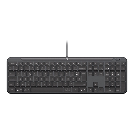 Draufsicht auf eine graue Logitech-Tastatur mit Kabel. Die Tastatur hat ein klassisches Layout mit Buchstaben, Zahlen und Funktionstasten. Der Hintergrund ist weiß.