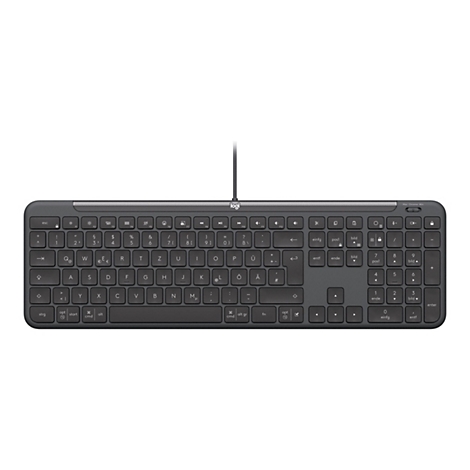 Draufsicht auf eine graue Logitech-Tastatur für Mac. Mit schwarzen Tasten und weißen Beschriftungen. Das Kabel ist schwarz.