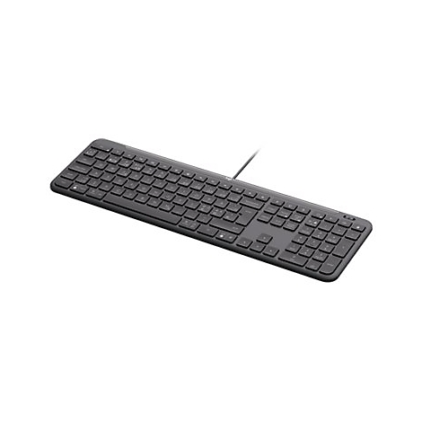 Schwarze Tastatur mit Kabel, Tastenbeschriftung. Auf weißem Hintergrund.