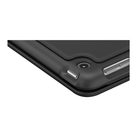 Nahaufnahme einer schwarzen Tablet-Hülle mit Kamera und Knöpfen.